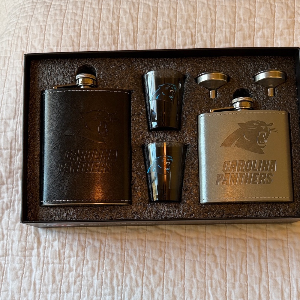 NWT- NFL Carolina Panthers 2 Faux Leather/Stainless Flask  and shot glass Set.
